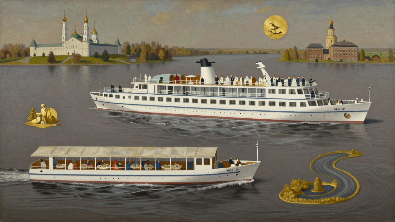 Символическое изображение Волги с тремя уровнями круизов: эконом, стандарт и люкс, соединённых водным потоком.