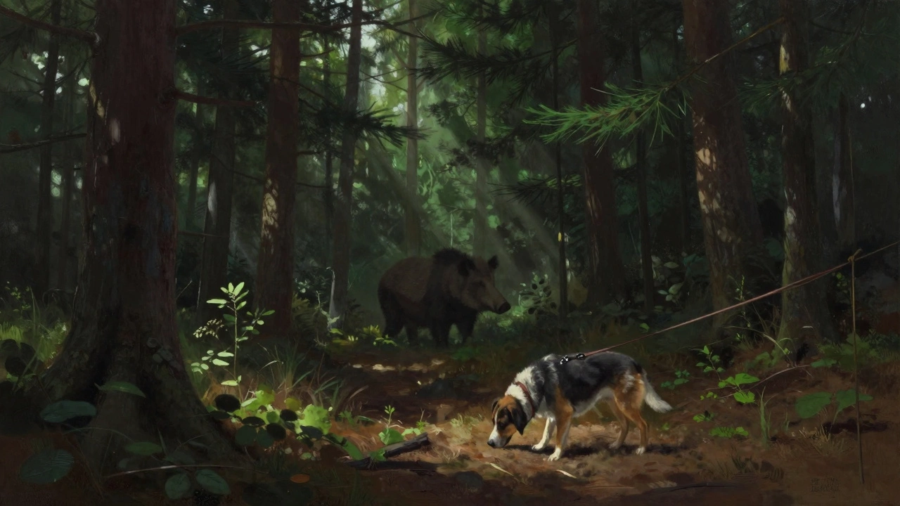 Собака и дикий зверь в тенях глубокого леса
