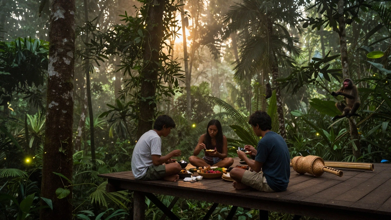 Туристы едят с местными в джунглях Борнео, без телефонов, только тишина и огоньки светлячков.