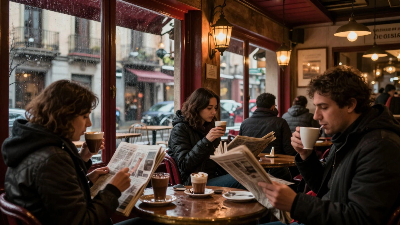 Уютный бар в Барселоне в ноябре, дождь за окном, местные за кофе.