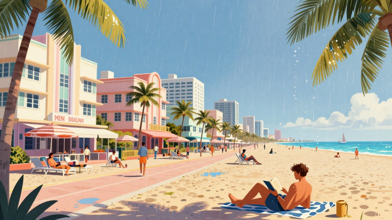 Южный пляж Майами с пастельными зданиями и тропическим дождём.