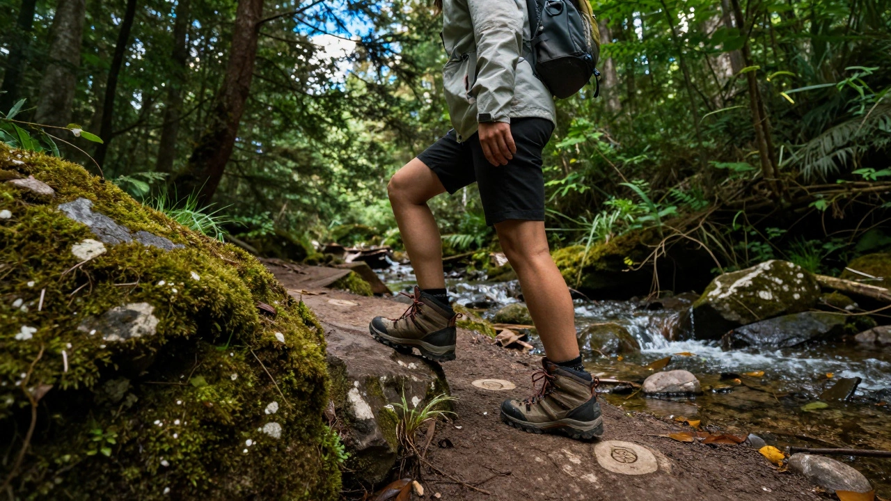 Человек в походной обуви идет по размеченной тропе в зеленом лесу