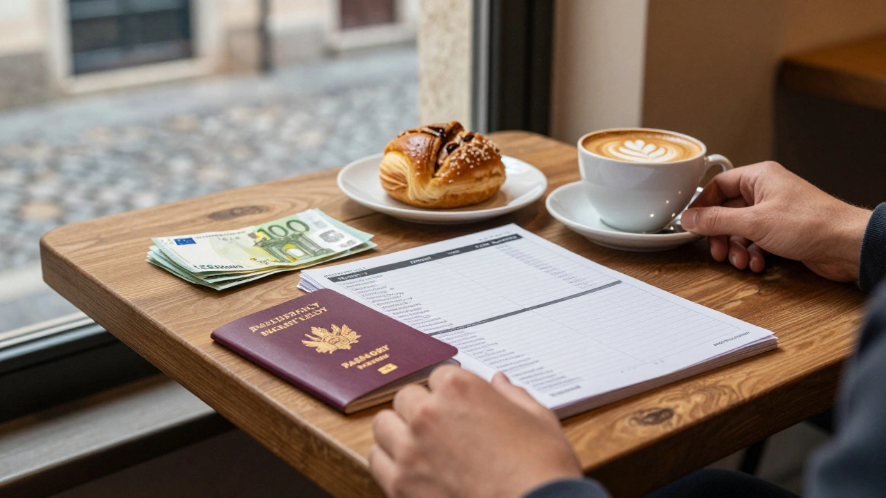 Документы для поездки и кофе в уютном европейском кафе
