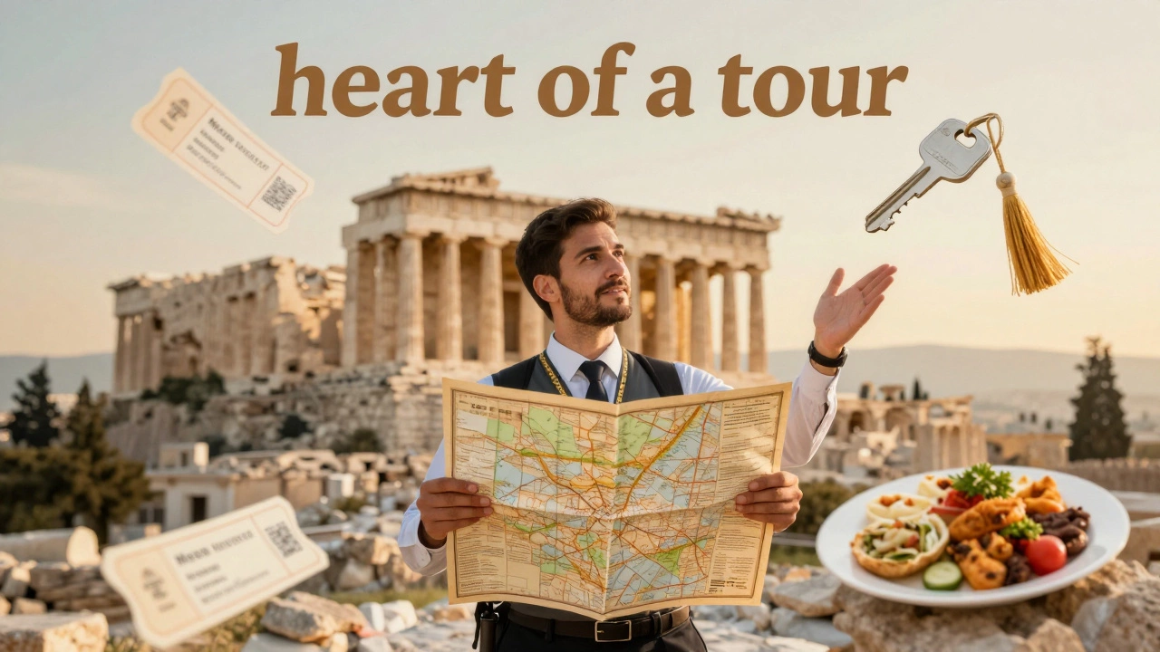 Гид у исторического памятника с символами стоимости тура