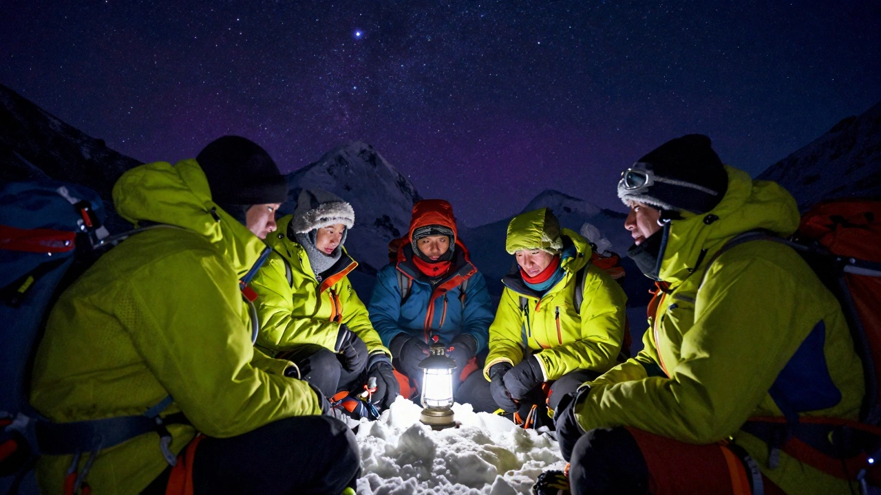 Группа альпинистов в яркой экипировке у палатки под звездным небом в горах