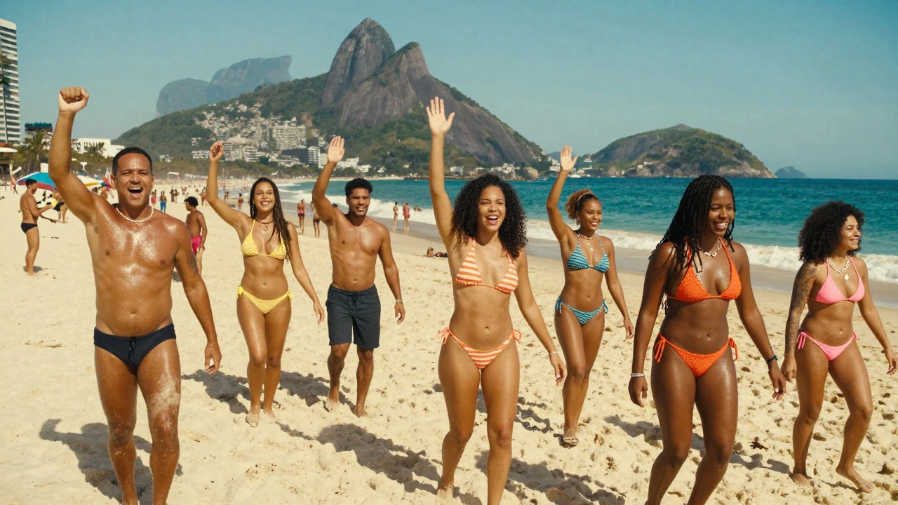 Группа атлетичных и загорелых людей на солнечном пляже Рио-де-Жанейро