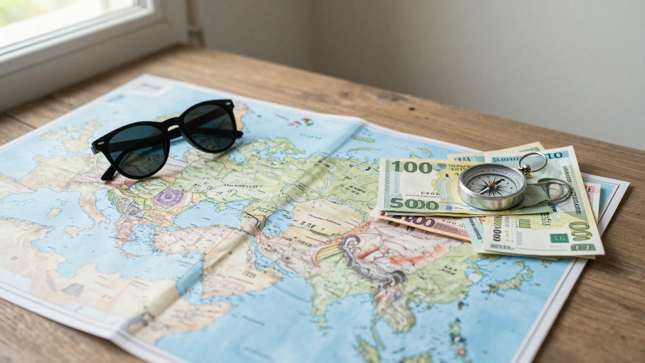 Карта путешествий, валюта и аксессуары на деревянном столе