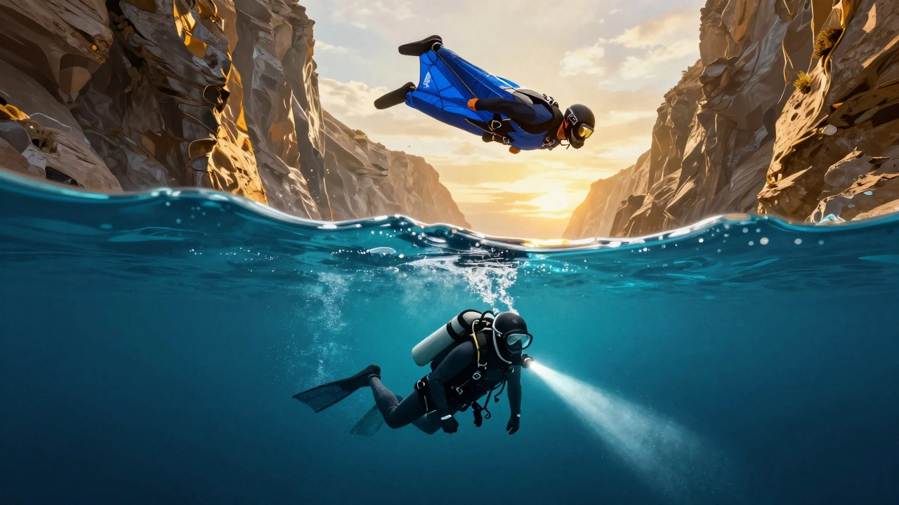 Коллаж: бейсджампер в вингсьюте в каньоне и технический дайвер в темной пещере