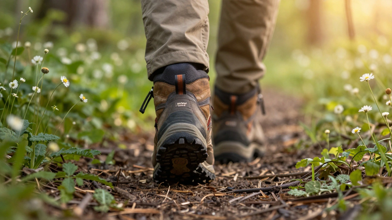 Крупный план ног туриста на тропе, подчеркивающий бережное отношение к природе