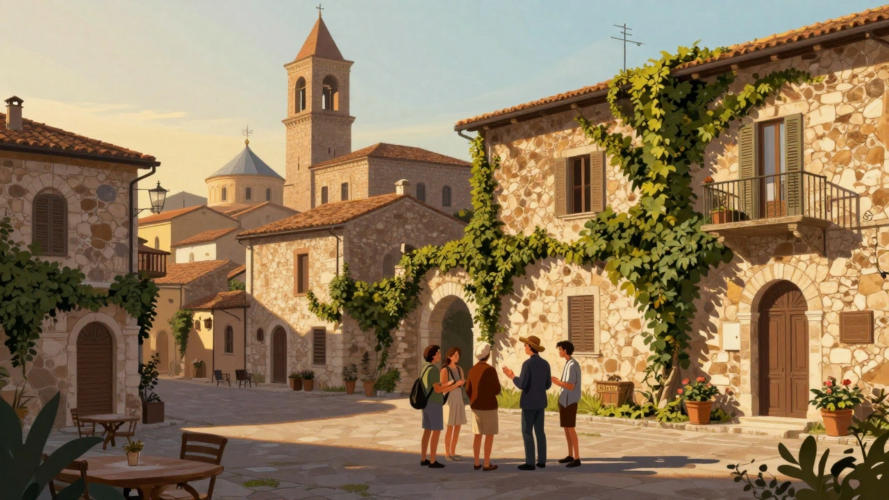 Малая группа туристов с гидом на фоне старинной архитектуры в тихом городке