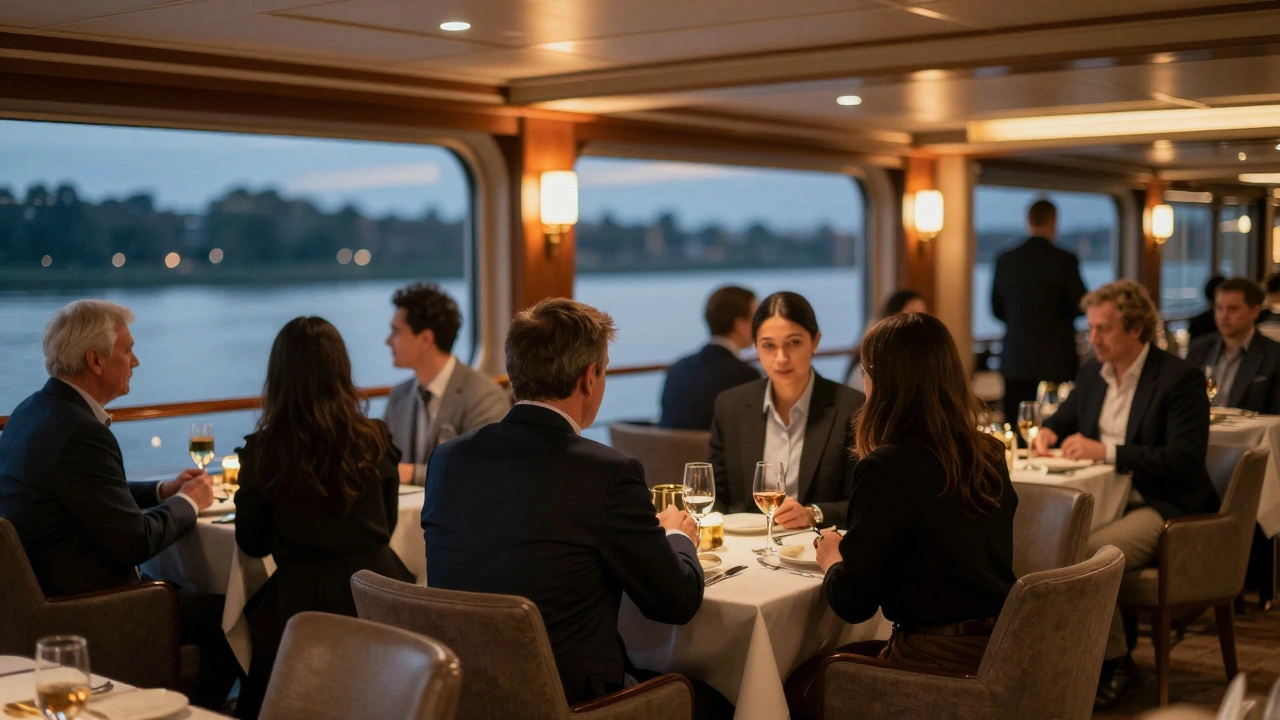 Пассажиры в элегантной одежде в ресторане на борту теплохода вечером