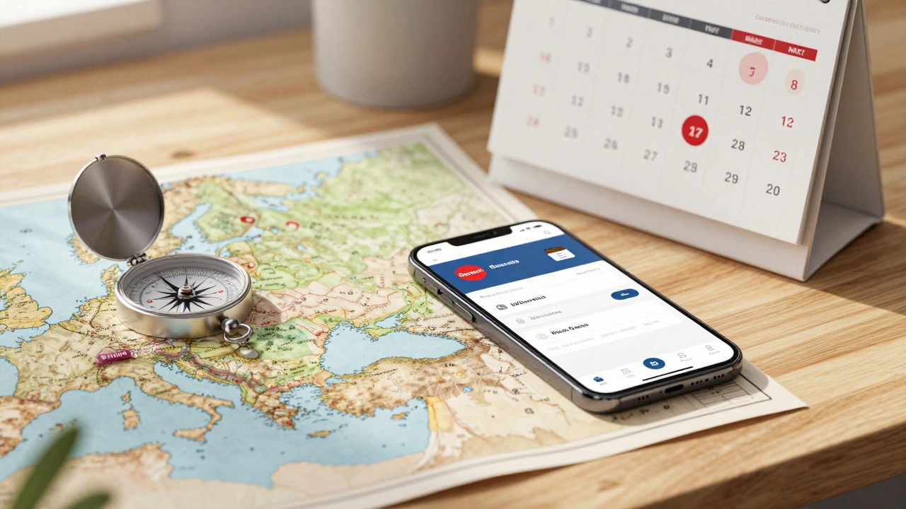 Рабочий стол с картой, календарем и смартфоном для планирования бюджетного тура