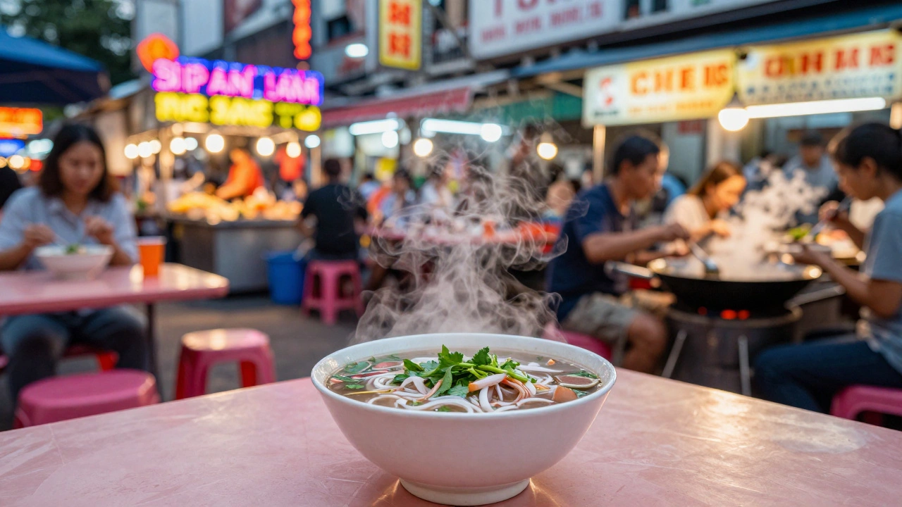 Тарелка супа Фо на уличном рынке Вьетнама с размытым фоном города