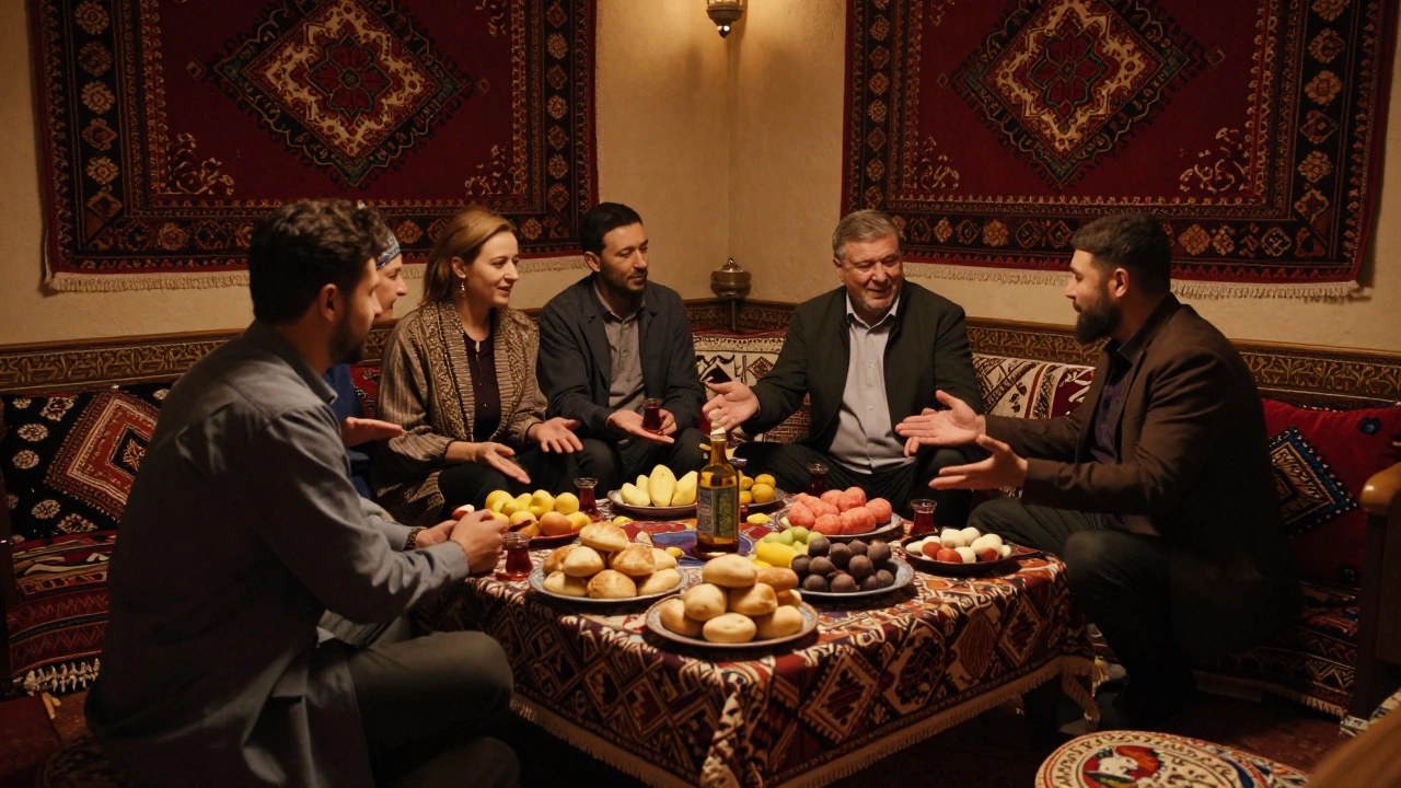 Традиционный узбекский стол с угощениями и гостеприимные хозяева в доме