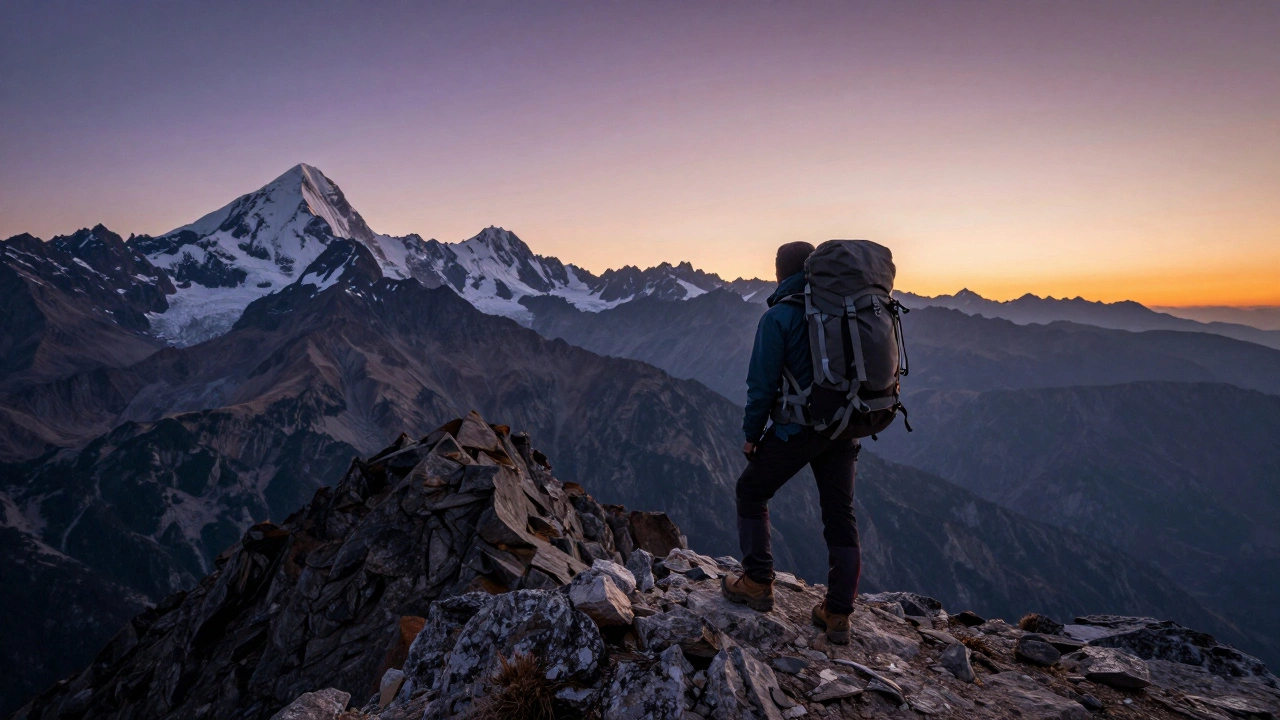 Треккер с большим рюкзаком на вершине горы на фоне заснеженных пиков