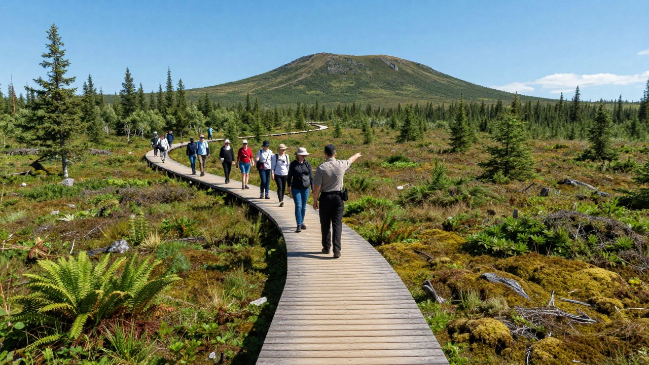 Туристы с инспектором на деревянном настиле экотропы в лесу