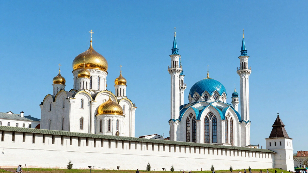 Казанский Кремль: Кул-Шариф и Спасский собор на фоне голубого неба